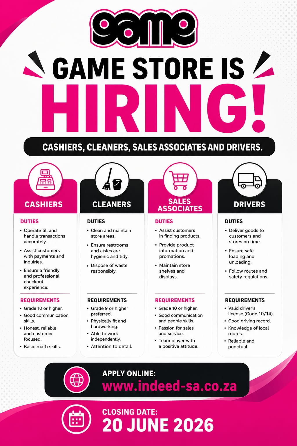 Game Is Hiring Cashiers, Cleaners, Sales Associates and Drivers – Jobs Opportunities 2026